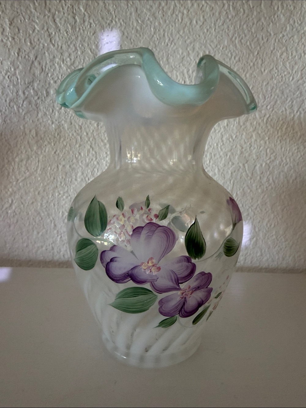 Fenton Hand-Painted Glass Floral Vase in Light Green and Purple
